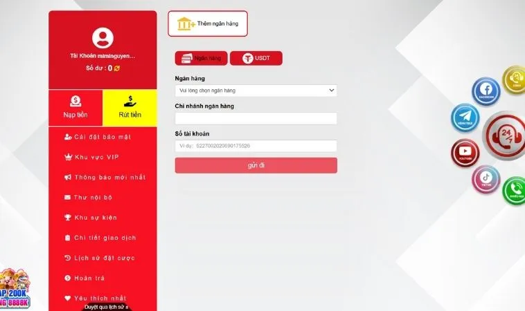 Giao diện rút tiền JJ88